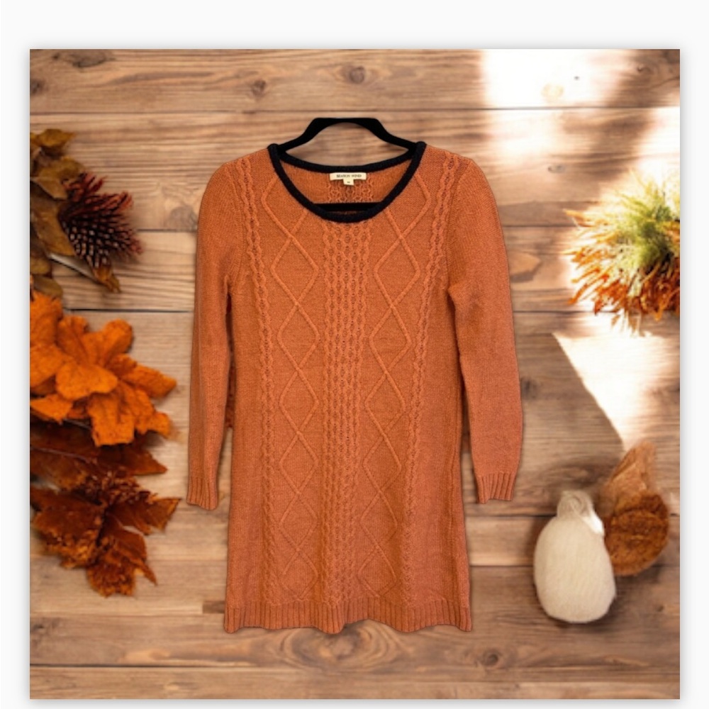 😍 - Season Wind-Burnt Orange Sweater Dress -Navy Blue neckline detail -Sz M … - Picture 2 of 10